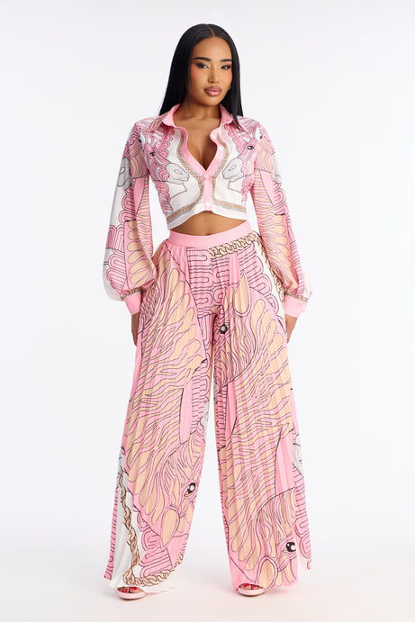 Pleated Blush Satin Two-Piece Set