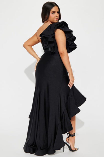 One Shoulder Ruffle High-Low Gown