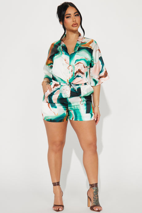 Emerald Tie-Front Satin Short Set