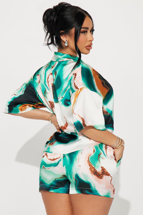 Emerald Tie-Front Satin Short Set