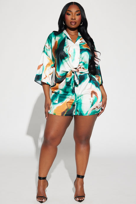 Emerald Tie-Front Satin Short Set