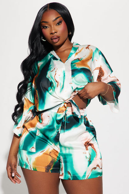Emerald Tie-Front Satin Short Set