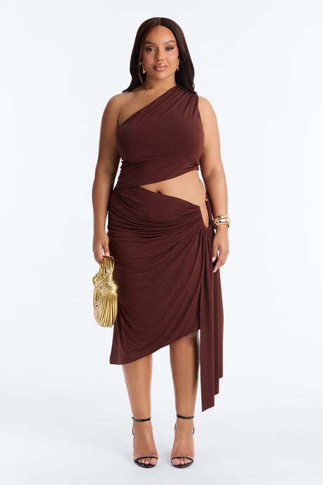 Draped One Shoulder Cut-Out Midi