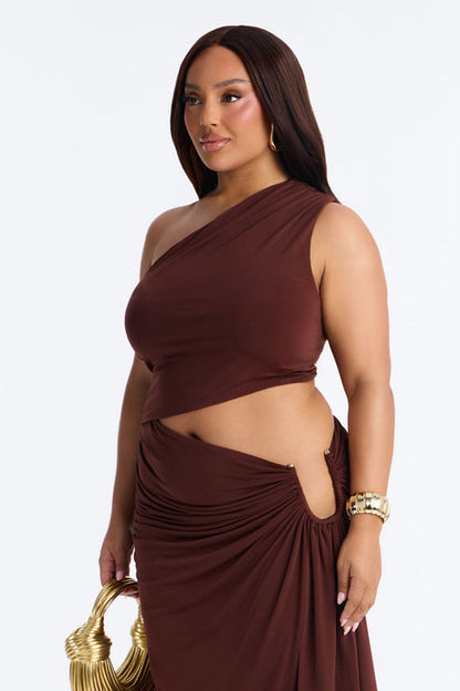 Draped One Shoulder Cut-Out Midi