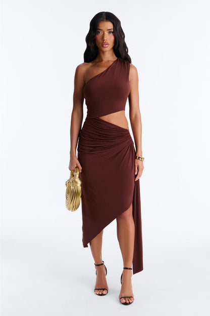 Draped One Shoulder Cut-Out Midi