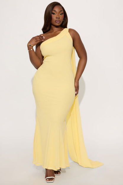 Butter Yellow One-Shoulder Chiffon Gown