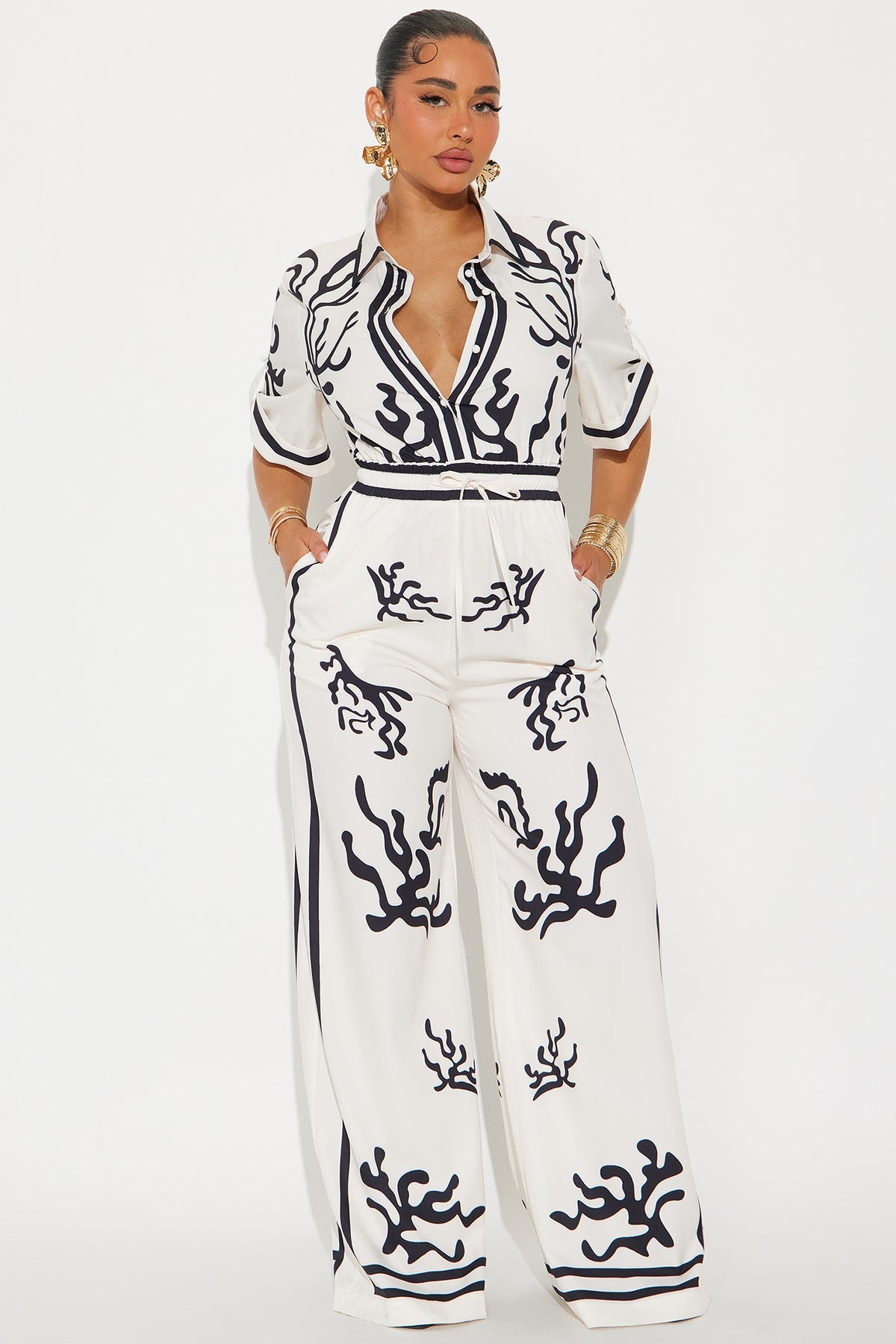 Picture This Wide Leg Satin Jumpsuit – White Combo