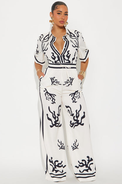 Picture This Wide Leg Satin Jumpsuit – White Combo