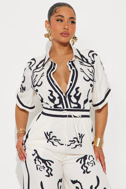 Picture This Wide Leg Satin Jumpsuit – White Combo