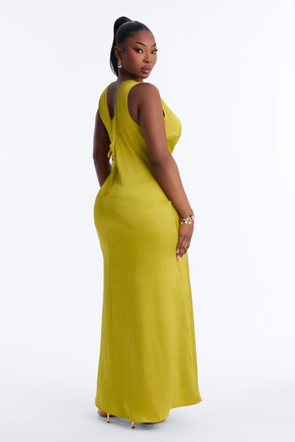 Deep V Lace-Trim Satin Gown