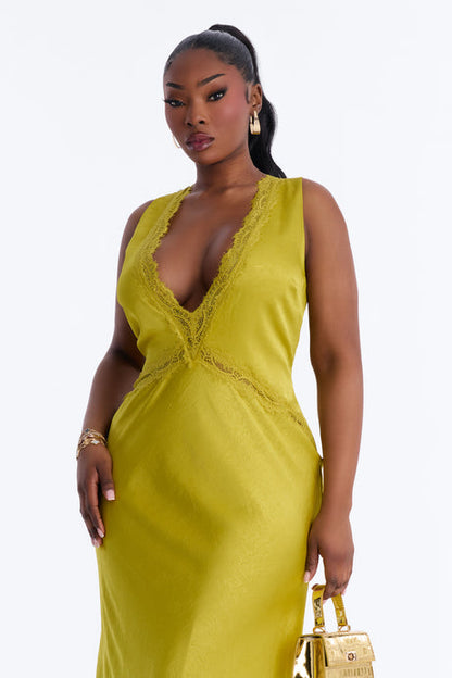 Deep V Lace-Trim Satin Gown