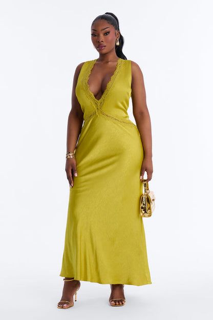Deep V Lace-Trim Satin Gown