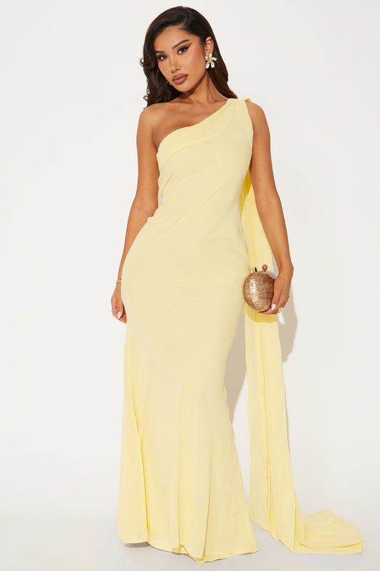 Butter Yellow One-Shoulder Chiffon Gown
