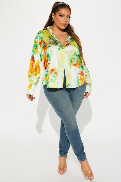 Abstract Wave Satin Button-Down