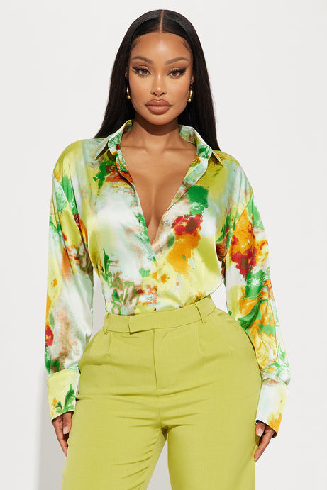 Abstract Wave Satin Button-Down