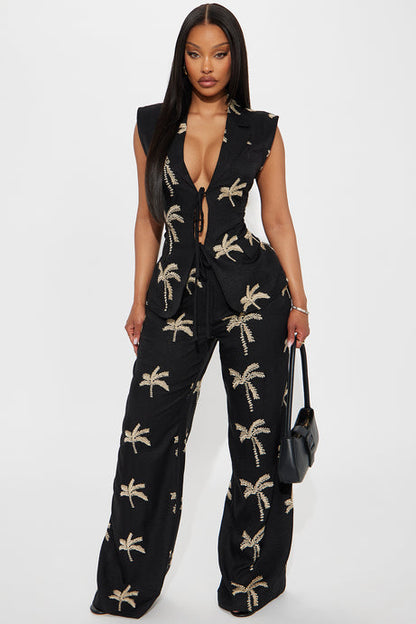Black Palm Embroidered Linen Duo
