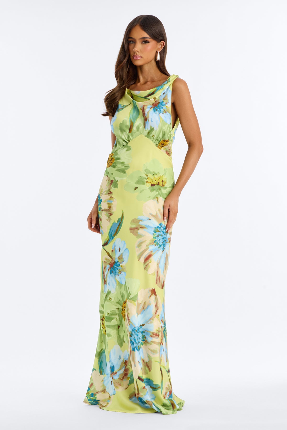 Backless Cowl Neck Satin Gown