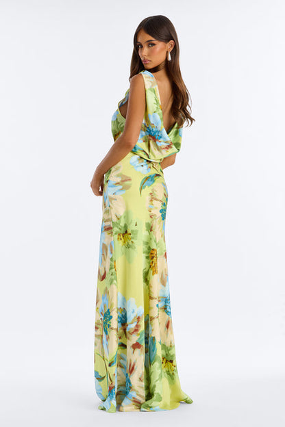 Backless Cowl Neck Satin Gown