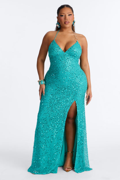 Halter Fishnet Sequin Evening Gown