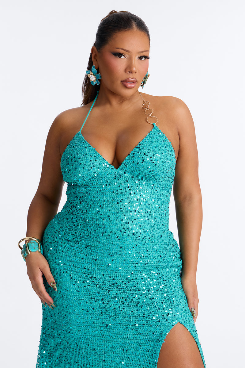 Halter Fishnet Sequin Evening Gown