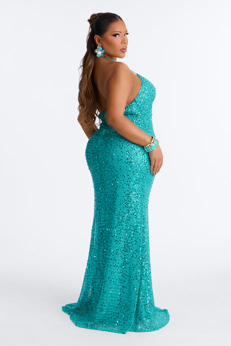 Halter Fishnet Sequin Evening Gown