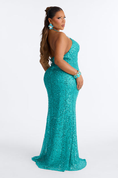 Halter Fishnet Sequin Evening Gown