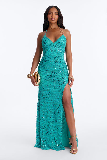 Halter Fishnet Sequin Evening Gown