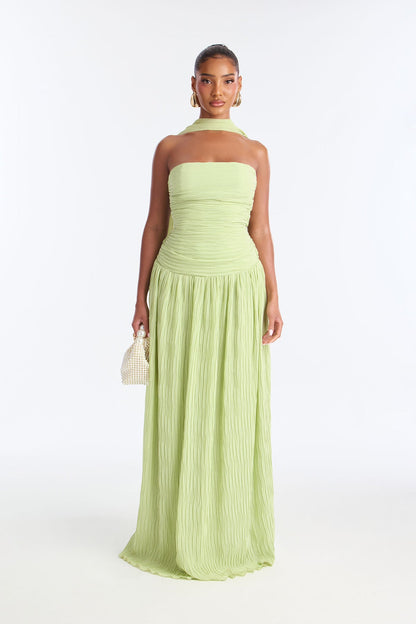 Sage Pleated Scarf-Detail Gown