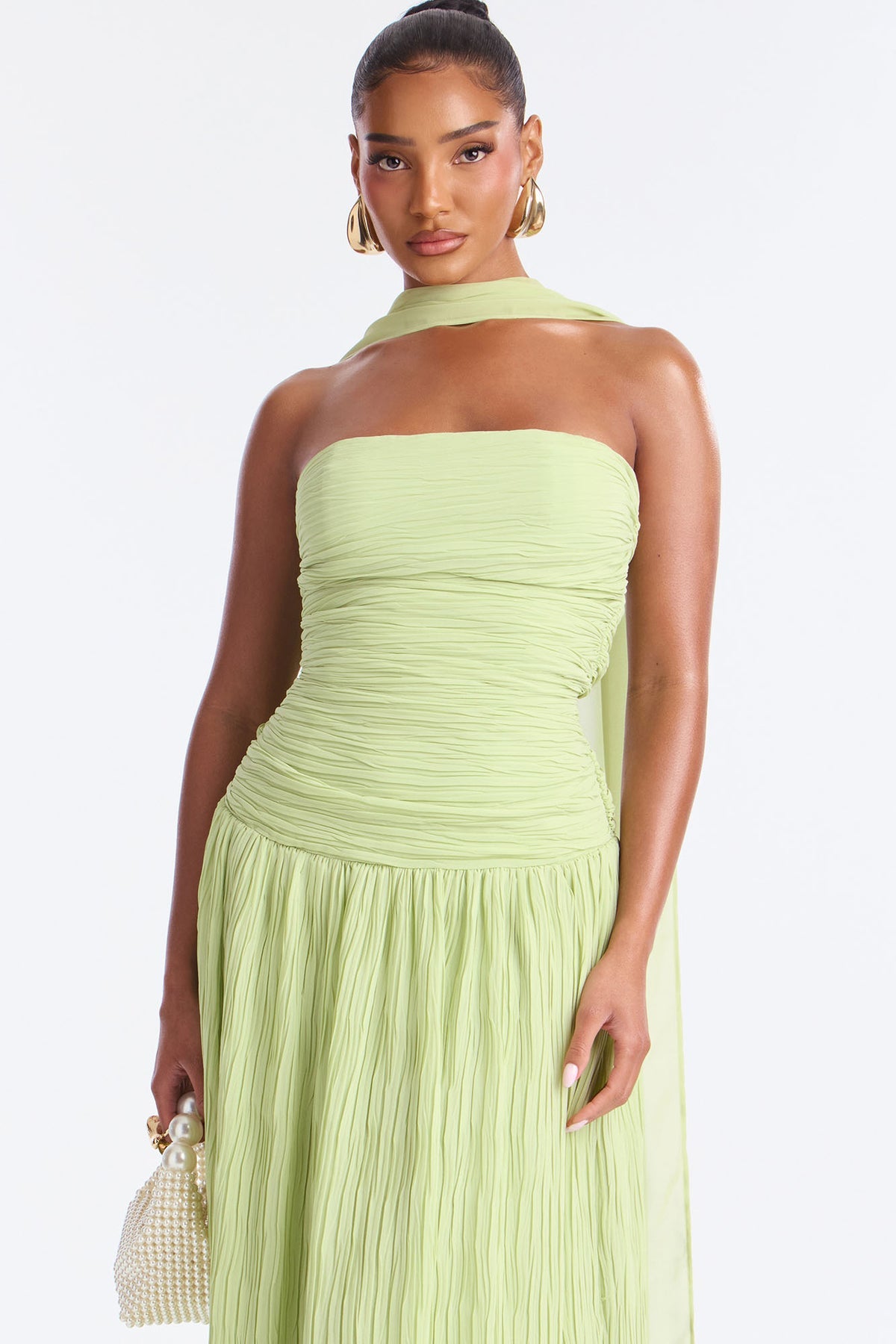 Sage Pleated Scarf-Detail Gown
