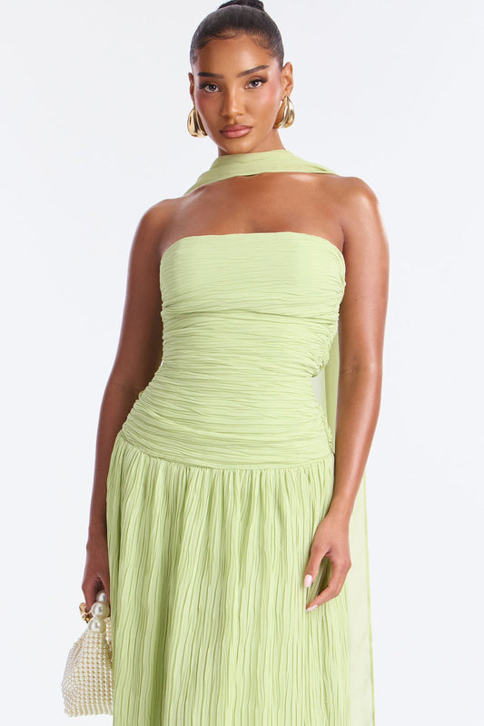 Sage Pleated Scarf-Detail Gown