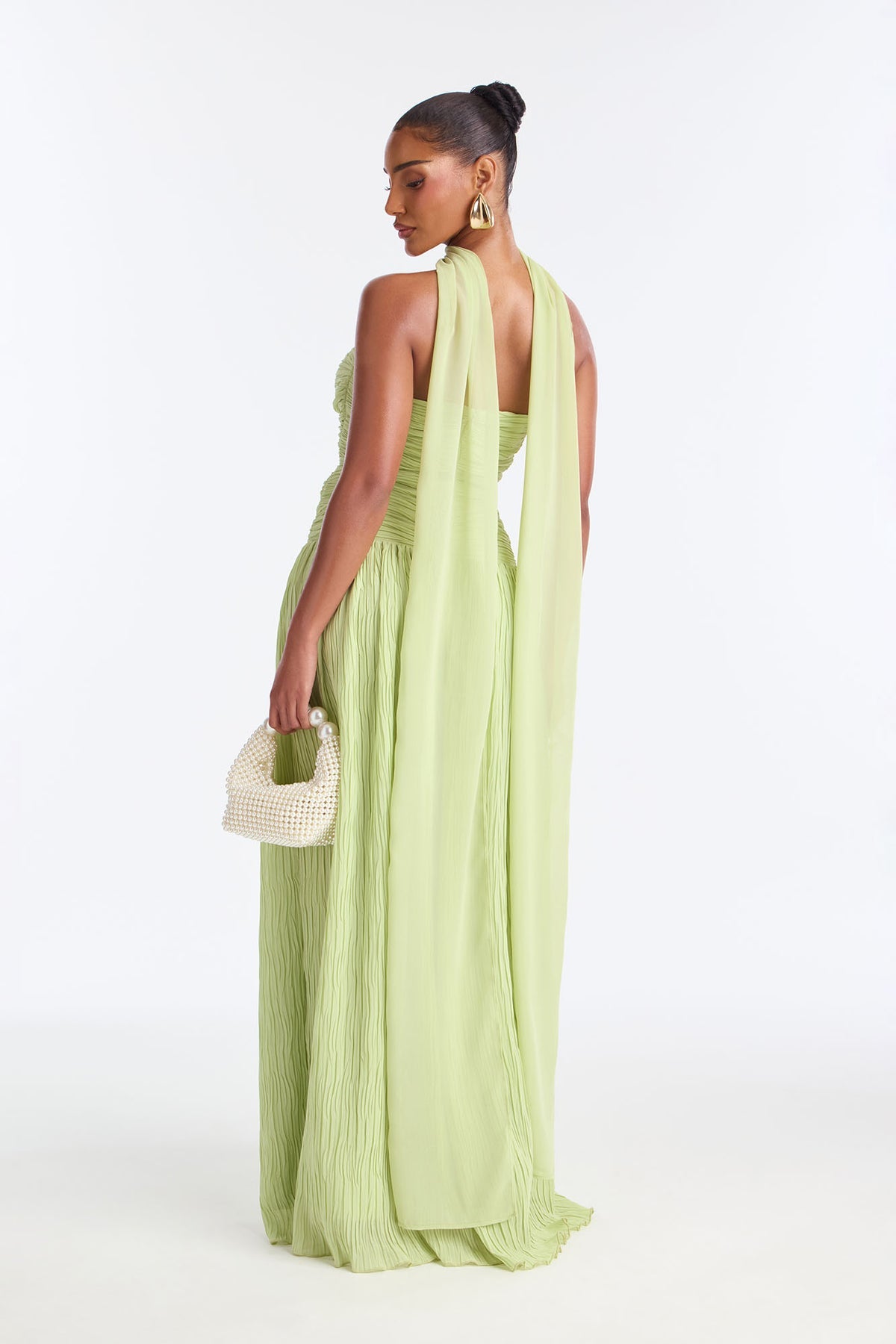 Sage Pleated Scarf-Detail Gown