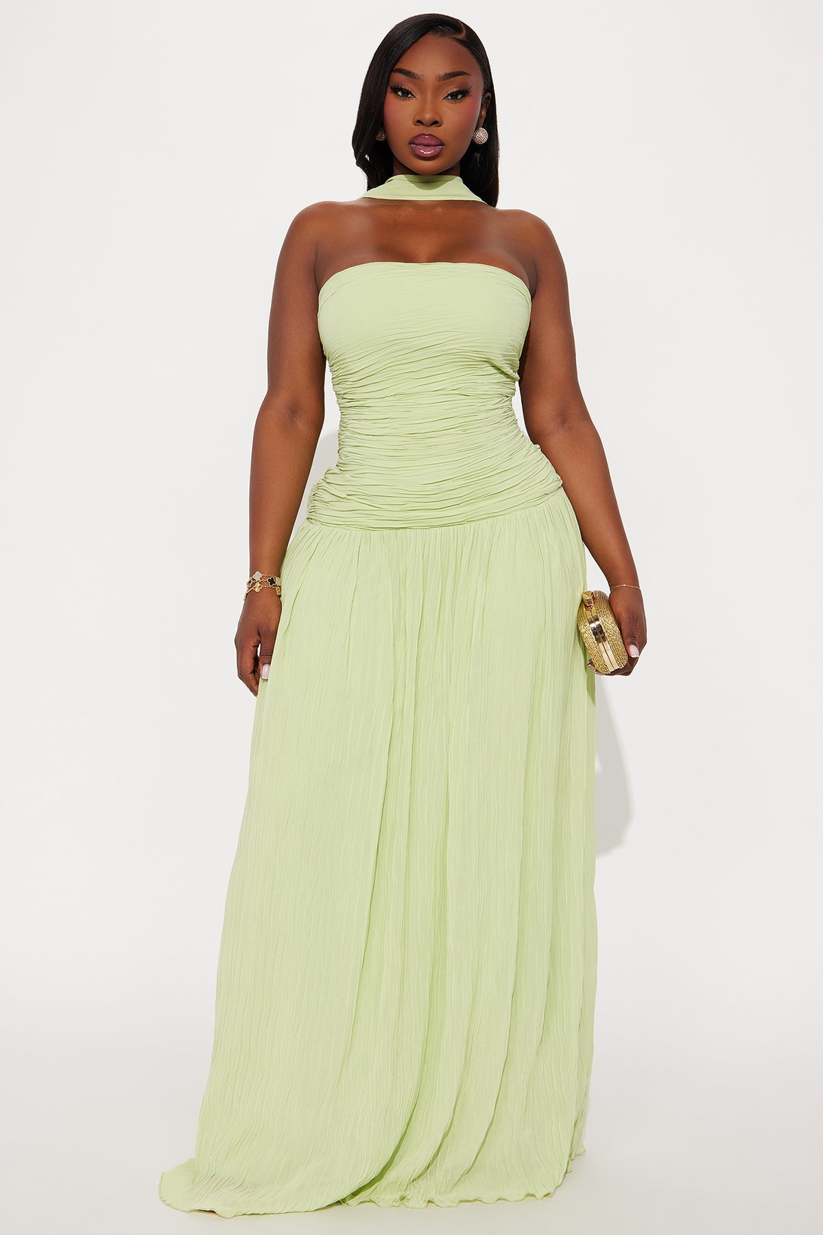 Sage Pleated Scarf-Detail Gown