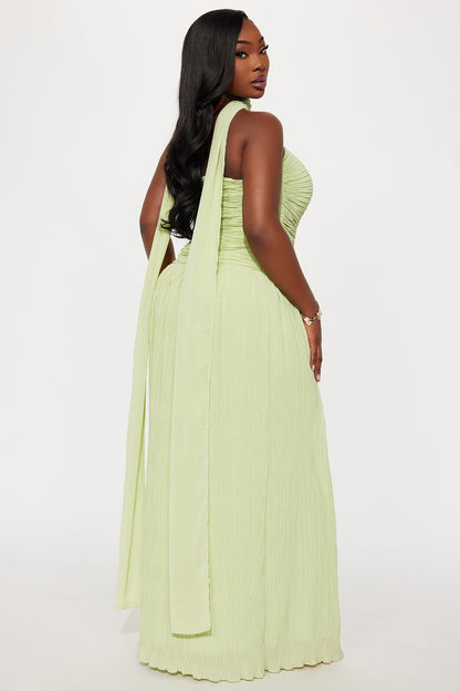Sage Pleated Scarf-Detail Gown