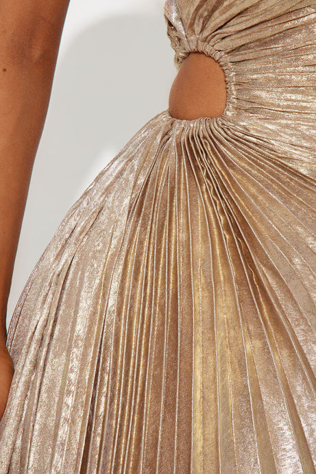 Golden Goddess Pleated Metallic Gown