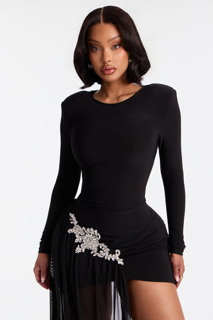 Rhinestone Draped Mesh Mini Dress
