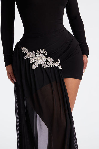Rhinestone Draped Mesh Mini Dress