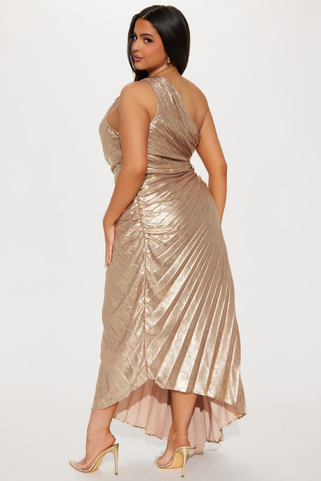 Golden Goddess Pleated Metallic Gown