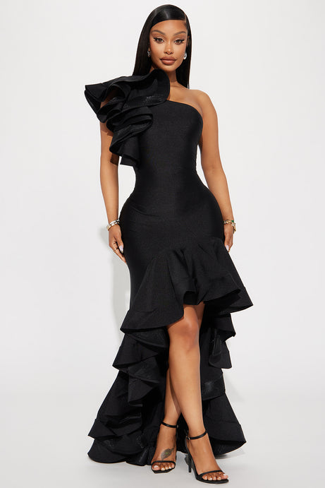 One Shoulder Ruffle High-Low Gown