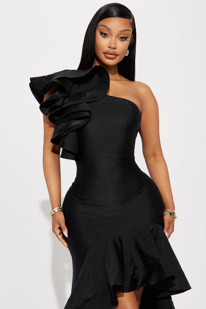 One Shoulder Ruffle High-Low Gown