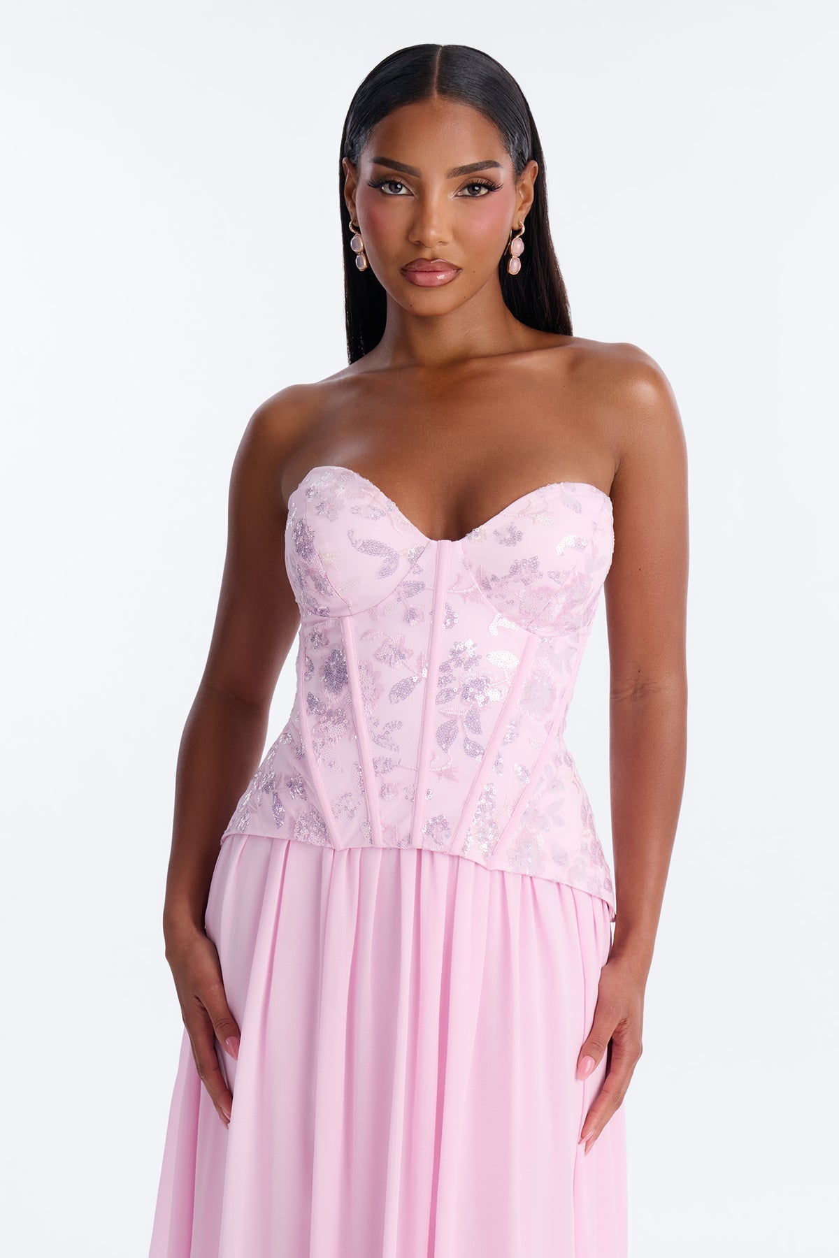 Boned Corset Embellished Chiffon Gown